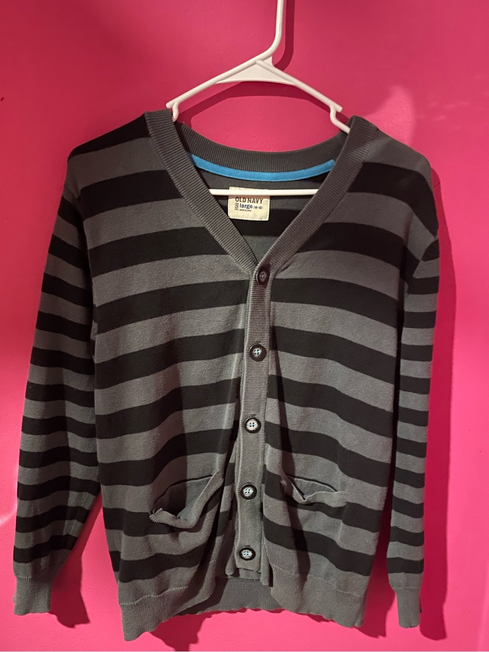 Black and Grey Striped Button Up Cardigan With Pockets